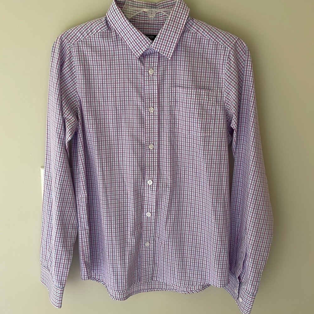 George Youth Boys XL 14 16 Purple Plaid Button Down Wrinkle Resistant Shirt